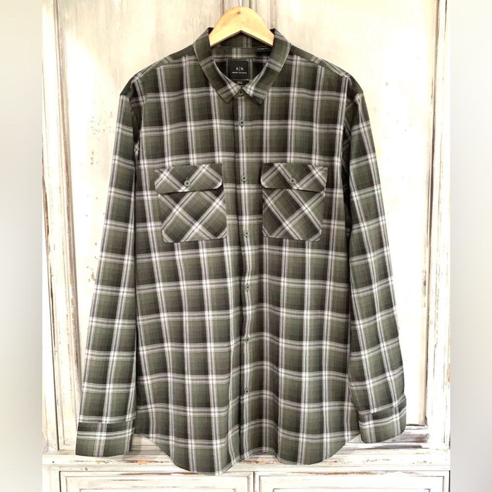 A/X Armani Exchange Black Olive Green Grey Plaid Shirt XL